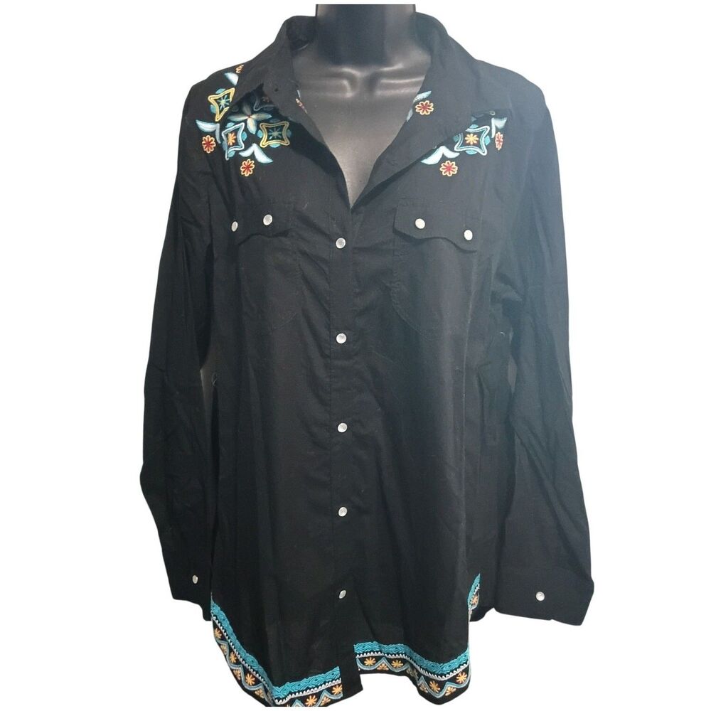 Vintage Goa Shirt XL Embroidered Floral Southwestern Pearl Snap Button-Down